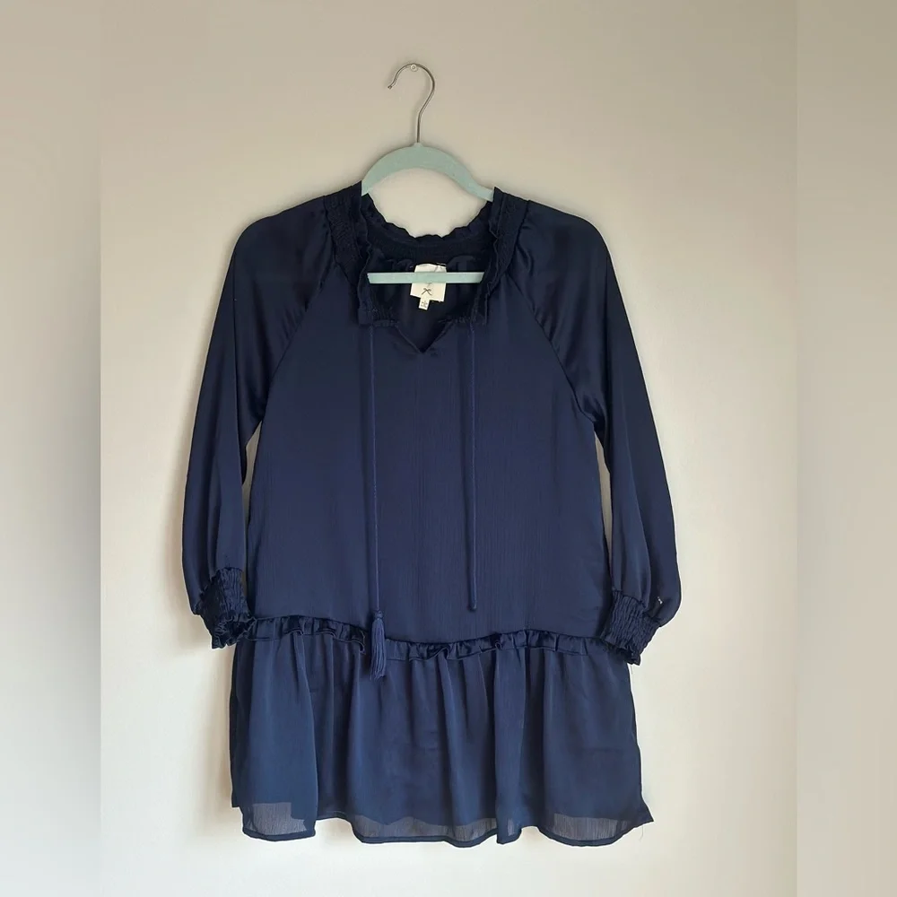 Hayden Girls Smocked Satin Dress Navy Size Large Tie Neck Long Sleeve